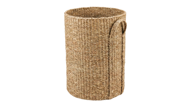 Tall woven cylinder basket made of natural fiber
