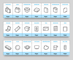 Ready icon sheet for separating paper waste. Vector elements are made with high contrast, well suited to different scales and on different media. Ready for use in your design. EPS10.