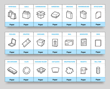 Ready icon sheet for separating paper waste. Vector elements are made with high contrast, well suited to different scales and on different media. Ready for use in your design. EPS10.