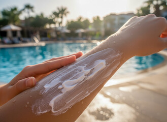 Applying sunscreen on arm at a luxurious poolside resort on a bright sunny day for summer skin protection.