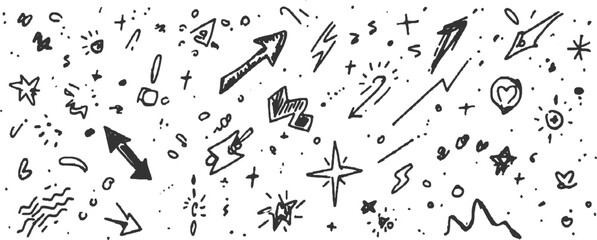 Hand drawn black and white doodle elements with arrows stars and lightning bolts vector