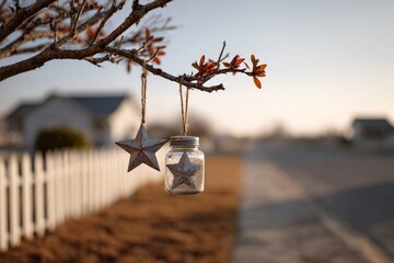 Handmade star ornament and jar decoration hanging on tree branch for cozy outdoor Christmas holiday styling