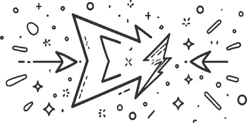 Black and white hand drawn explosion with arrows and abstract shapes comic