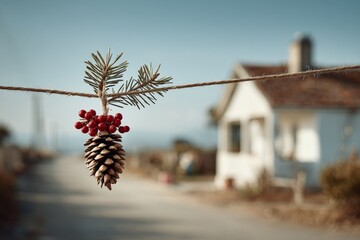 Pinecone with red berry accent hanging on twine creating simple diy holiday outdoor decoration