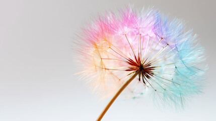 Naklejka premium Closeup of colorful dandelion seed head with pastel rainbow hues on light gray background