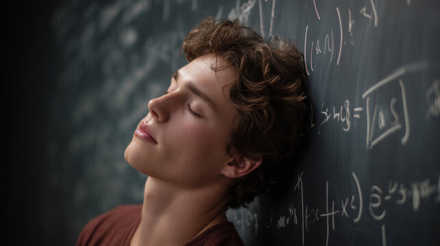 Caucasian young student with curly hair leaning against chalkboard filled with mathematical equations, concept for intellectual burnout