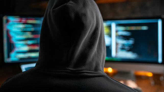 Hooded man in dark room working on multiple computer monitors with code on screens