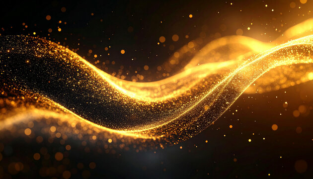 Abstract golden wave with glittering particles flowing against a dark background, creating a dynamic and elegant effect.