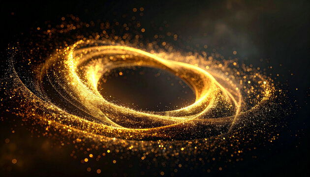 Abstract golden spiral of light and particles swirling in dark space.