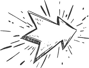 Hand drawn sketch of a starburst arrow pointing right with radiating lines vector