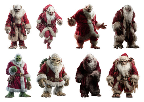 PNG Fantasy creatures in Santa costumes, element set on transparent background