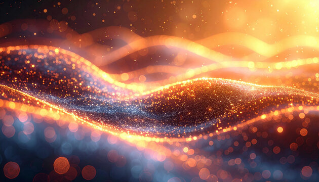 Abstract digital art depicting glowing waves and particles, with a warm, dynamic color palette.