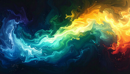 Fototapeta premium Abstract swirling colorful fluid art, vibrant waves of blended hues against dark background.
