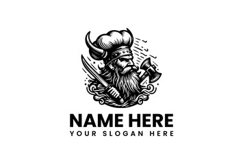 Viking chef with a horned helmet and toque holding a knife and axe, a vintage hand-drawn warrior cook mascot vector logo illustration for a restaurant. 39
