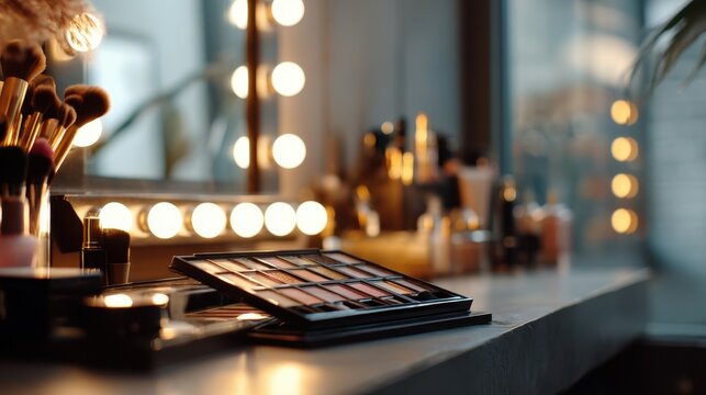 Stylish makeup vanity setup with brushes, palettes, and cosmetics illuminated by warm lights in a modern interior space