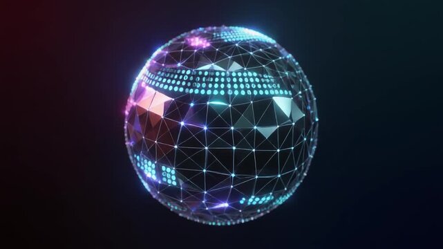 A glowing 3D sphere with a futuristic neon plexus network, representing global data connections and technology