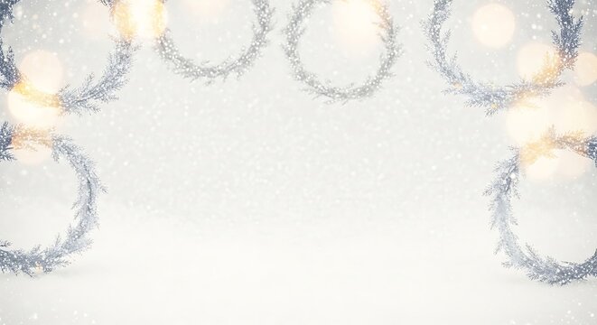 Festive Silver and Gold Holiday Wreaths and Bokeh Lights on White Background