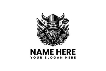 Obraz premium Viking Barbecue vector logo illustration with grilling tools and horns