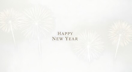 Elegant White Fireworks Background with Happy New Year Message in Light Gray Font
