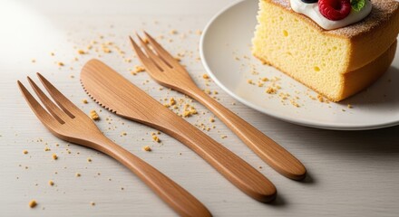 Elegant composition with wood utensils and fluffy sponge cake decorated with fresh berries