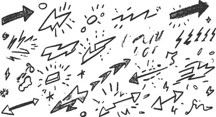 Collection of hand-drawn black arrows lightning bolts and abstract shapes on white background vector