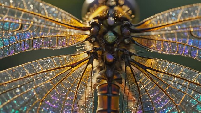 Close up of a dragonfly wing with iridescent colors and intricate details