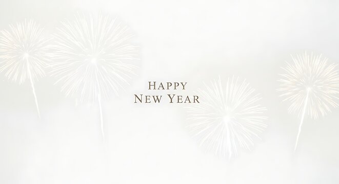Elegant White Fireworks Background with Happy New Year Message in Light Gray Font