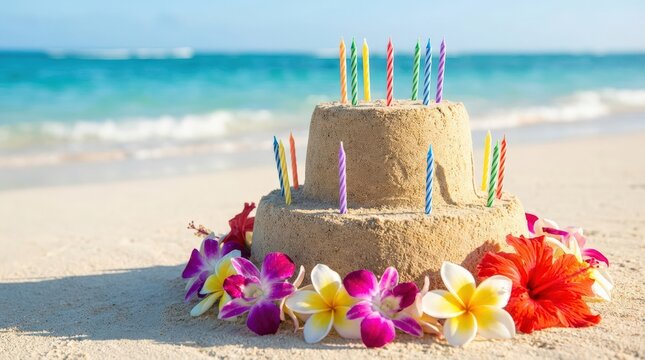 Sandcastle birthday cake on a tropical beach with colorful candles and flowers