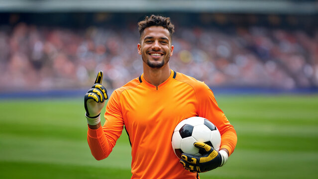 Pro soccer goalkeeper posing while holding a ball in a field stadium