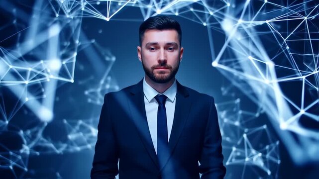 A formally dressed man looks upward, surrounded by a futuristic network of glowing lines and dots