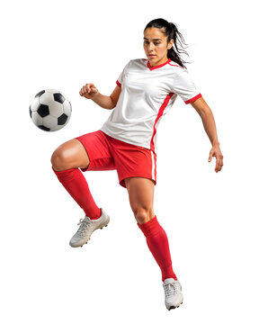 Pro female soccer player doing a ball control on isolated background