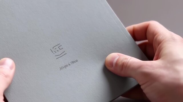 Human hands holding a gray book with minimalist design and script on the cover
