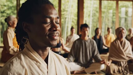 Diverse Group of People Practicing Mindfulness Meditation in a Serene Wellness Retreat.