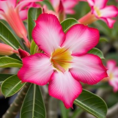 Elegant desert rose blossom, displaying vibrant pink petals and serene white center in natural light