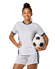 Obraz premium female soccer player in white kit with relaxed pose holding a ball on her hand