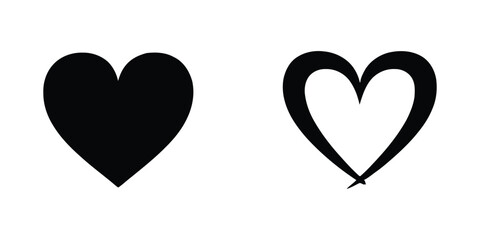 Two heart shapes, one solid black and one outlined in black, isolated on a clean white background, representing love and cardiology.