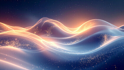 Obraz premium Abstract waves of light flow across a dark background, resembling a celestial landscape with glowing particles.