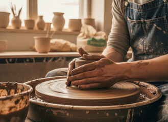 Skilled artisan hands meticulously shaping wet clay on a spinning potter's wheel in a rustic workshop studio.