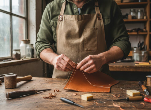 Craftsman in apron hand-stitching a leather product on a rustic workbench with tools in a sunlit workshop.