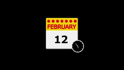 February 12th Calendar Page with Clock Icon on Black Background date twelfth.