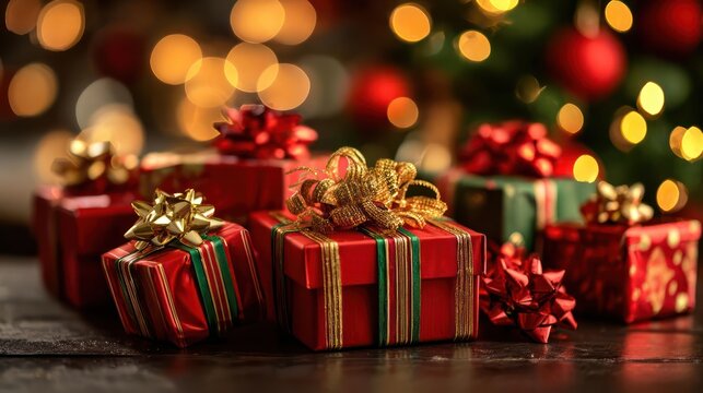 Festive red and green christmas gift boxes with golden bows and blurred bokeh lights in the background
