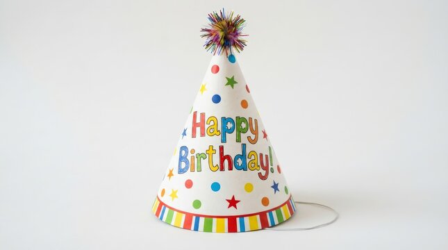 Festive birthday party hat with colorful design on a white background - Powered by Adobe