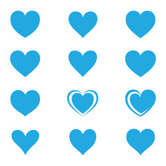 Set of twelve blue heart icons, symbolizing love, health, and positive emotions in various simple and outlined styles on white background