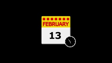 February 13th Calendar Page with Clock Icon on Black Background date thirteenth