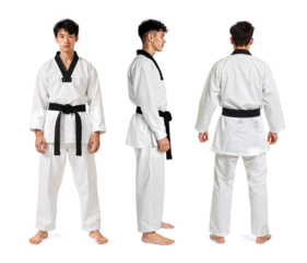 Male Taekwondo athletes in three different standing view, front side and back view