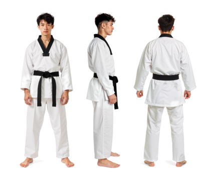 Male Taekwondo athletes in three different standing view, front side and back view