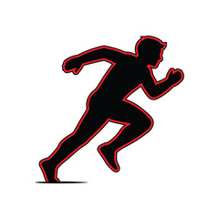 Dynamic silhouette of a male runner in motion, highlighted by a red outline, symbolizing speed, fitness, and athletic achievement on a white background.