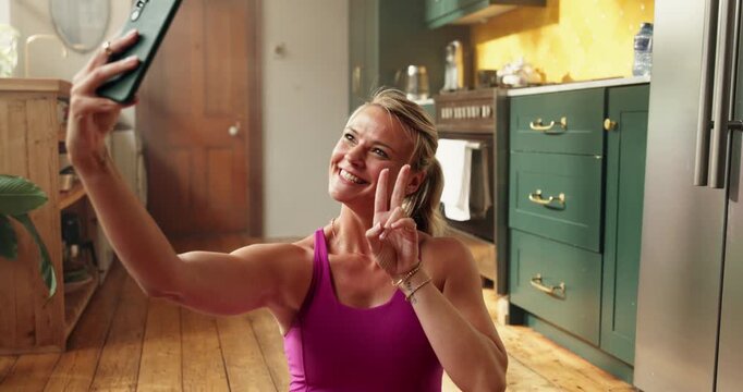 Happy woman, yoga and selfie with peace sign for online session, picture or memory in home. Active, female person or photography with smile or zen for capture moment, fitness app or virtual class