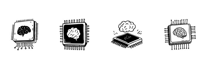 Microchip With Brain Doodle Sketch Set. Artificial Intelligence, Cognitive Computing, And Neural Processing In Hand Drawn Style Collection. Technology And Innovation. Isolated Vector Illustration