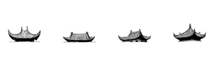 Traditional Asian Roof Designs Doodle Sketch Set. Architectural Heritage And Cultural Symbolism In Hand Drawn Style Collection. Intricate Roof Structures. Isolated Vector Illustration